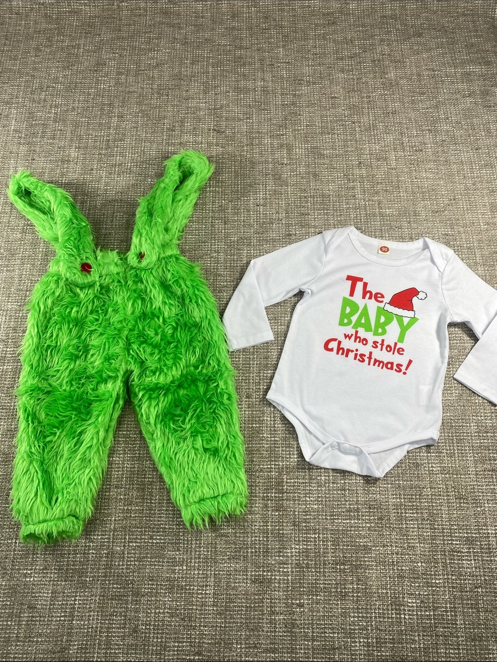Baby 'The Baby Who Stole Christmas' Onesie with Green Fuzzy Overalls the grinch